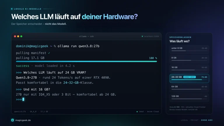 Lokales LLM im Terminal und Übersicht der Speicherklassen von 8 bis 128 GB